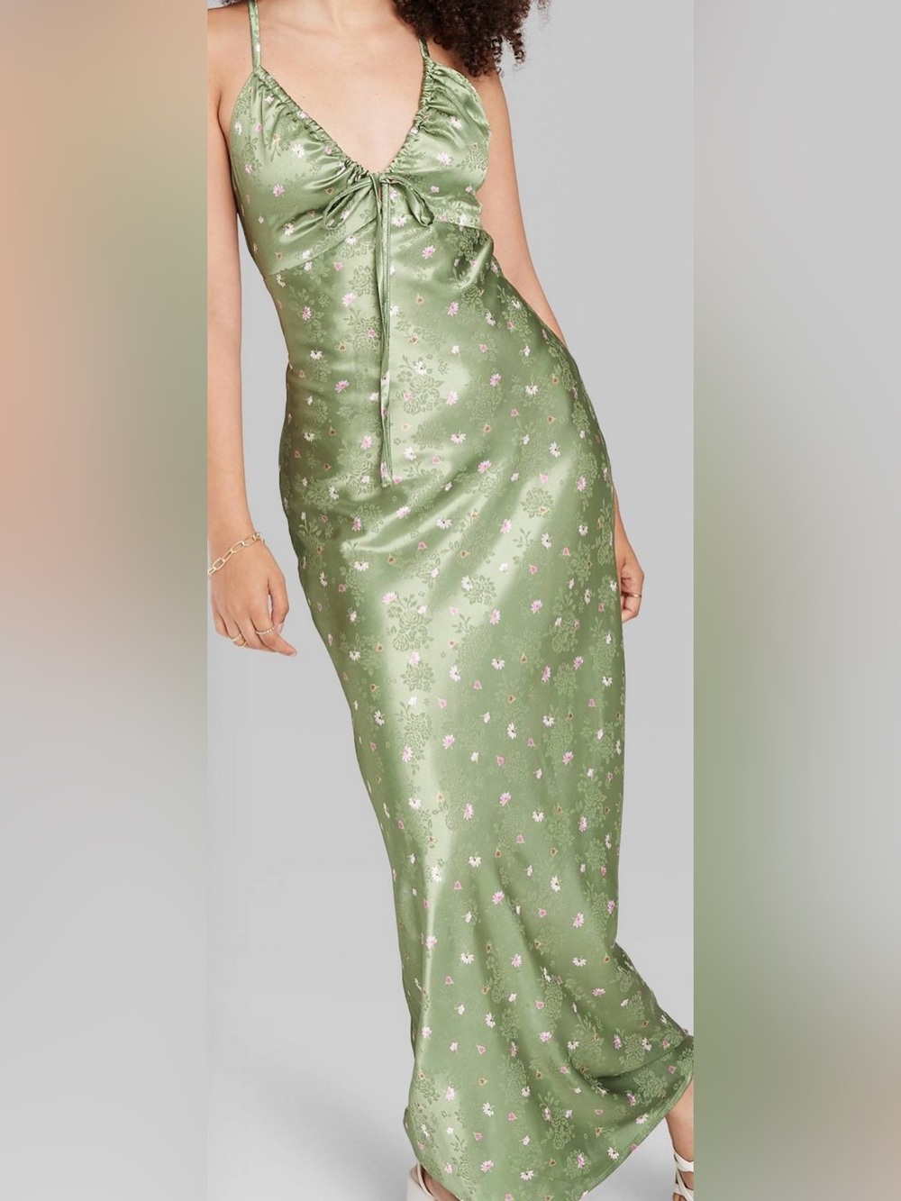NEW Light Green Floral Satin Slip Dress